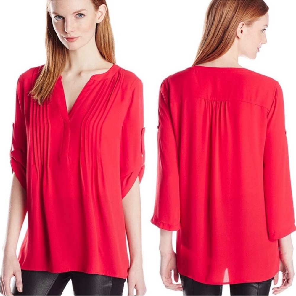 BCBGMaxazria Gena Blouse - Semi Sheer Button Up Micro Pleat with Roll up Sleeves
